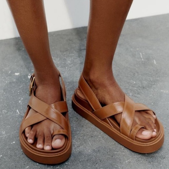 Zara Tan Leather Cross-Strap Sandals - Picture 8 of 9